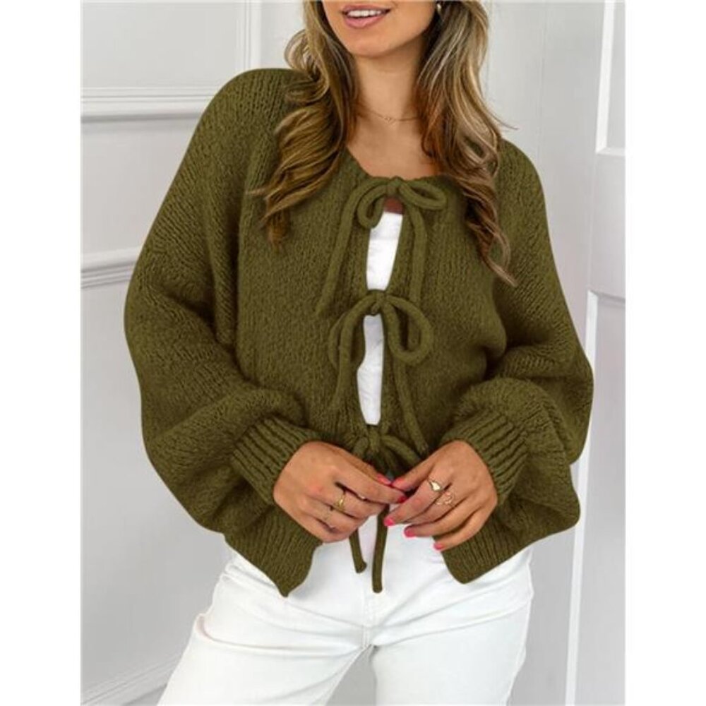 NEW Women's Tie Front Bow Cardigan Sweaters Chunky Knit Long Puff Sleeve Trendy - Picture 4 of 6